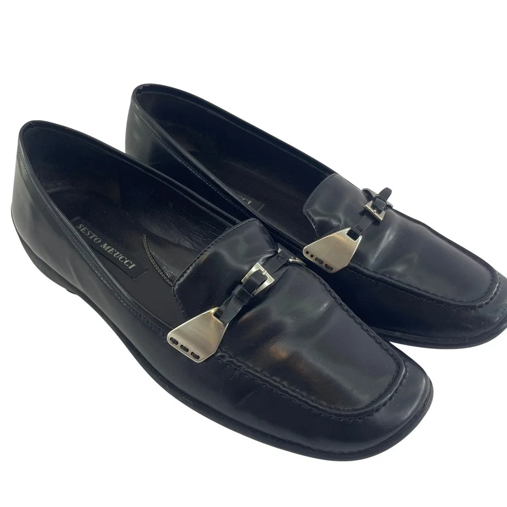 Sesto Meucci‎ Loafers Womens 7.5N Black Buckle Leather Driving Flats Chic